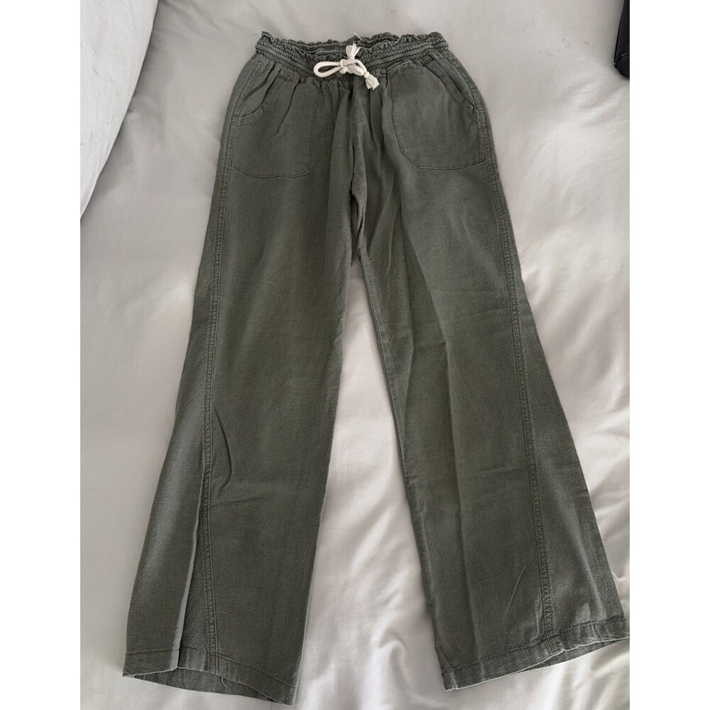 Kiss & Cry Womens Olive Green Linen Blend Drawstring Cropped Pants Size Medium